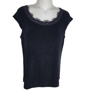 Chico’s Travelers Women’s Top Small Black Slinky Knit Cap Sleeve Lace Scoop Neck